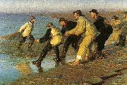 Peter Severin Kroyer fiskere traekker vod pa skagen nordstrand oil on canvas